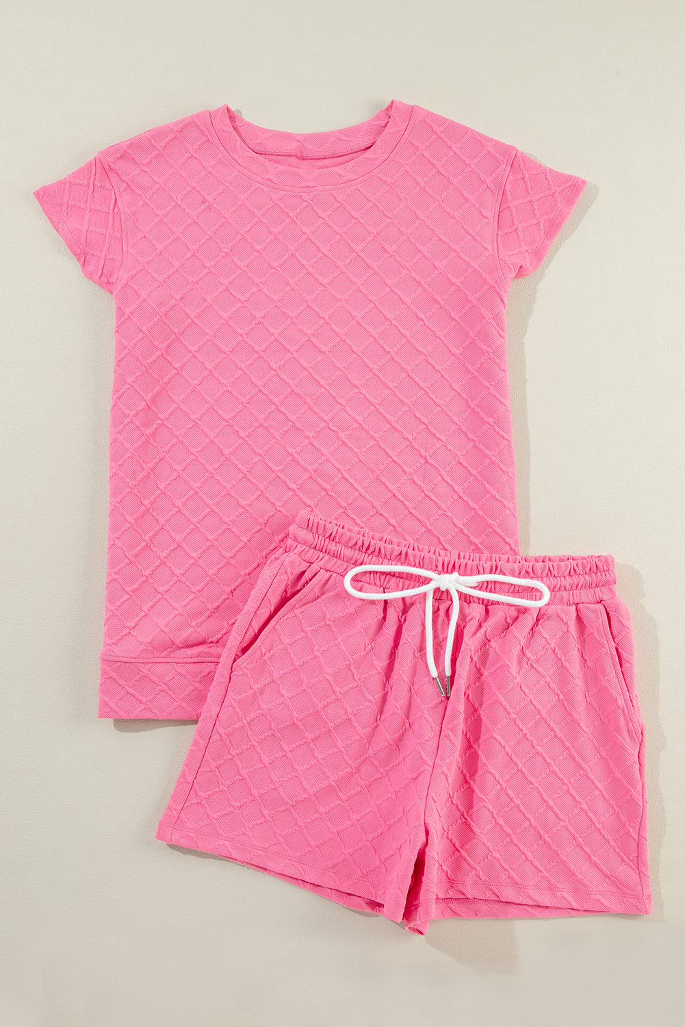 Sachet Pink Checkered Textured Tee and Drawstring Shorts Short Sets JT's Designer Fashion