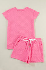Sachet Pink Checkered Textured Tee and Drawstring Shorts Short Sets JT's Designer Fashion