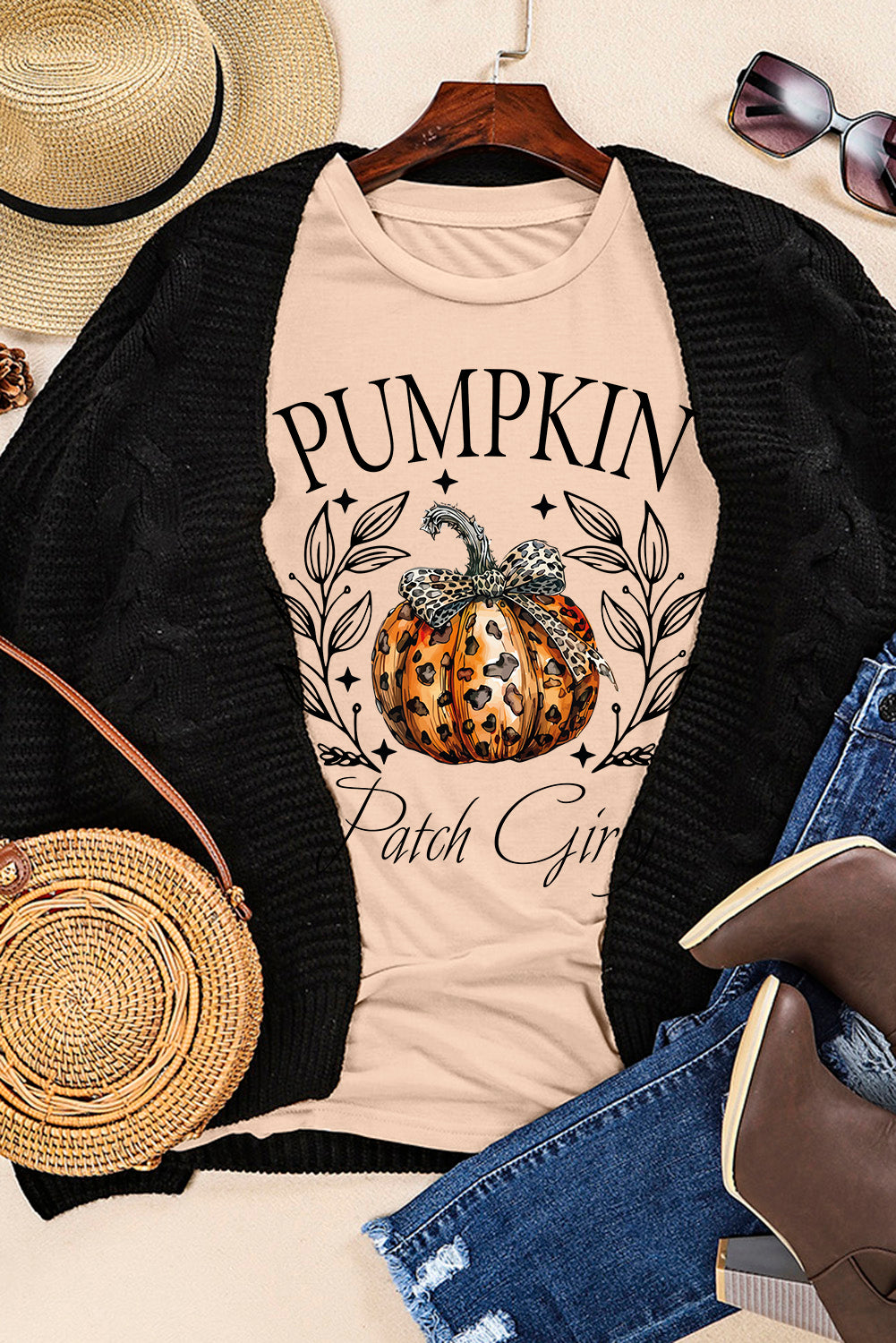 Khaki PUMPKIN Patch Girly Leopard Bowknot Pumpkin Graphic T Shirt Graphic Tees JT's Designer Fashion