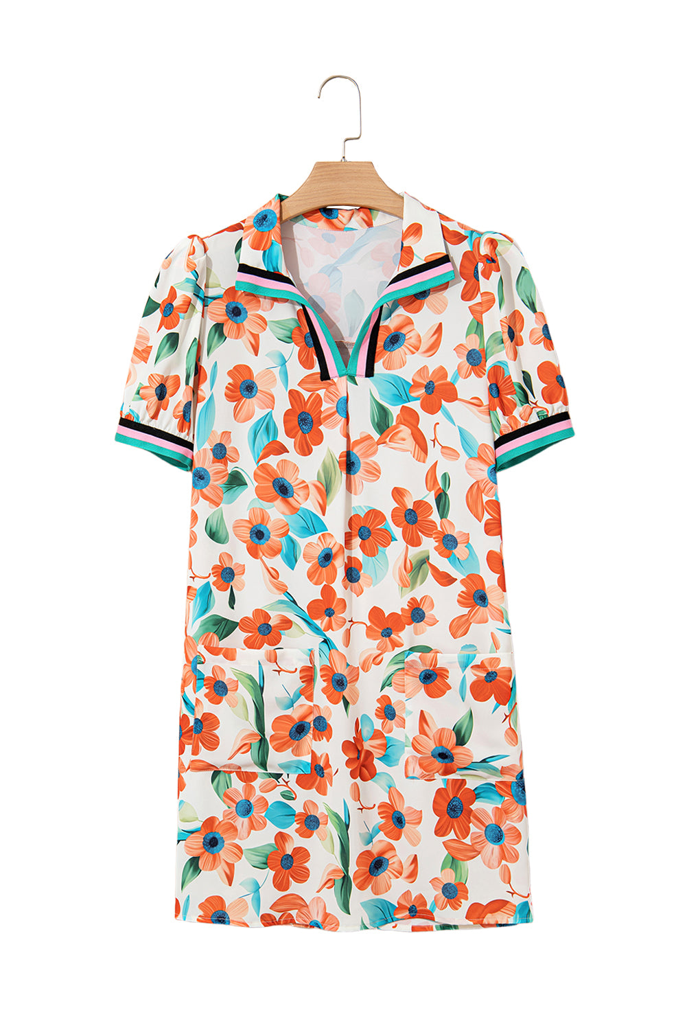 Orange Contrast Trim Floral Split Neck Puff Short Sleeve Tiered Mini Dress Floral Dresses JT's Designer Fashion