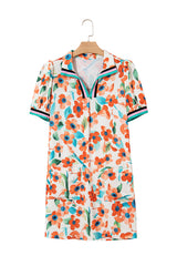 Orange Contrast Trim Floral Split Neck Puff Short Sleeve Tiered Mini Dress Floral Dresses JT's Designer Fashion