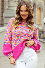 Bright Pink Rainbow Confetti Drop Shoulder Sweater Bright Pink 100%Acrylic Sweaters JT's Designer Fashion
