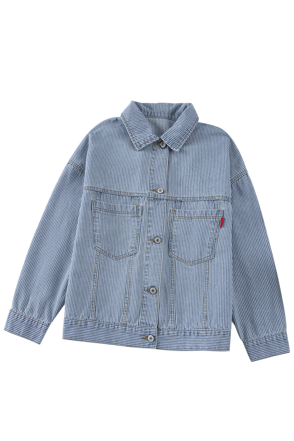 Sky Blue Stripe Washed Oversize Pocketed Denim Jacket Denim Jackets JT's Designer Fashion