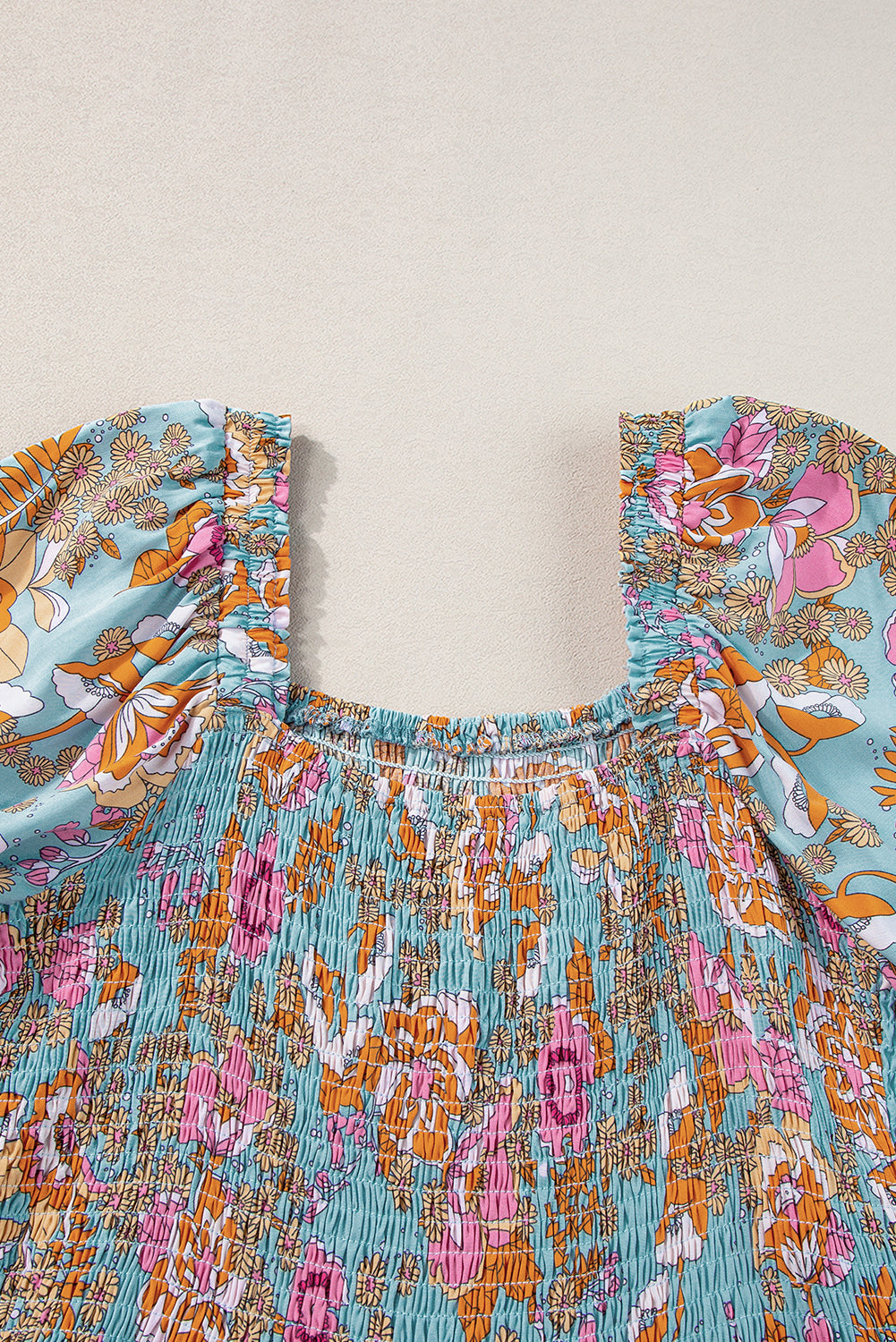 Yellow Smocked Bodice High Waist Puff Sleeve Floral Dress Floral Dresses JT's Designer Fashion