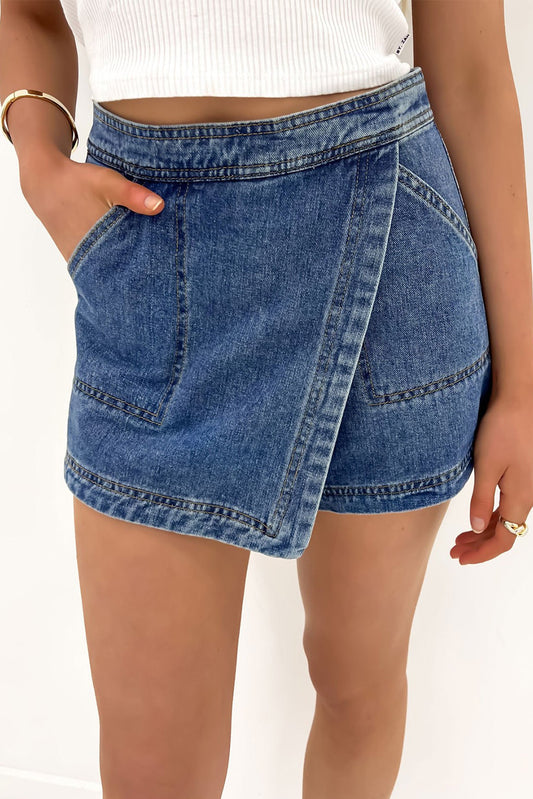 Ashleigh Blue Faux Wrapped Mini Denim Skort Ashleigh Blue 72%Cotton+26%Polyester+2%Elastane Denim Shorts JT's Designer Fashion