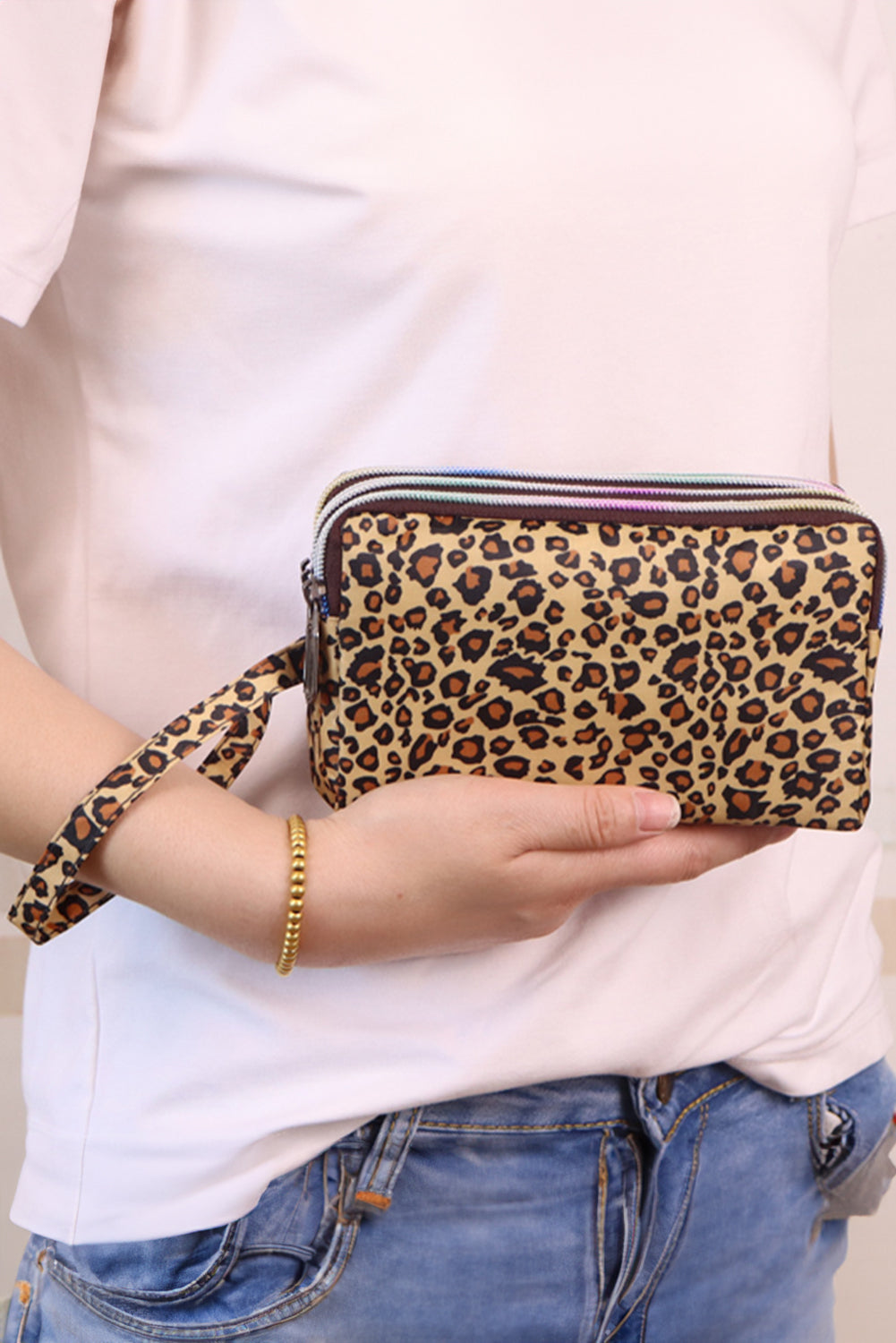 Brown Leopard Print PU Leather Wristlet Zipper Makeup Bag Makeup Bags JT's Designer Fashion