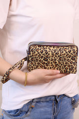 Brown Leopard Print PU Leather Wristlet Zipper Makeup Bag Makeup Bags JT's Designer Fashion