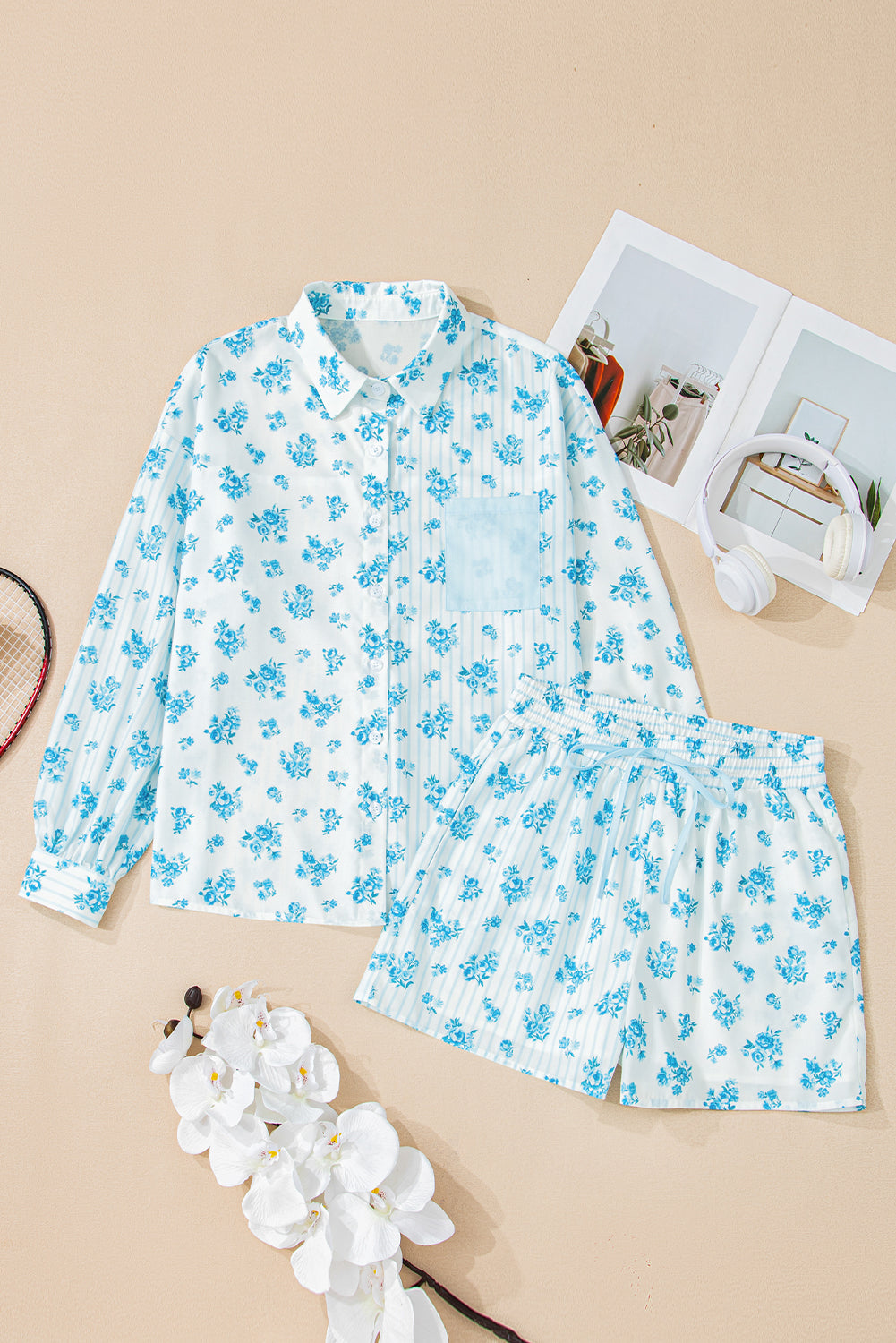 Sky Blue Floral Striped Print Contrast Patched Pocket Shirt and Shorts Set Short Sets JT's Designer Fashion