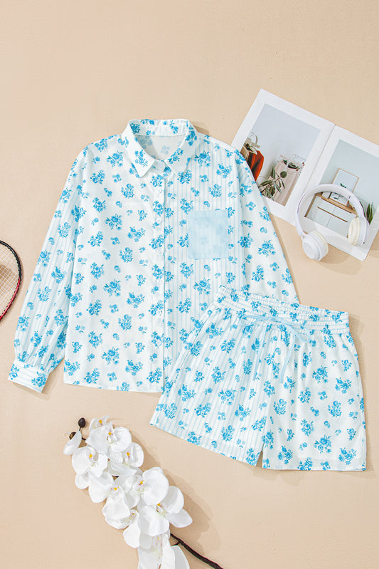 Sky Blue Floral Striped Print Contrast Patched Pocket Shirt and Shorts Set Short Sets JT's Designer Fashion