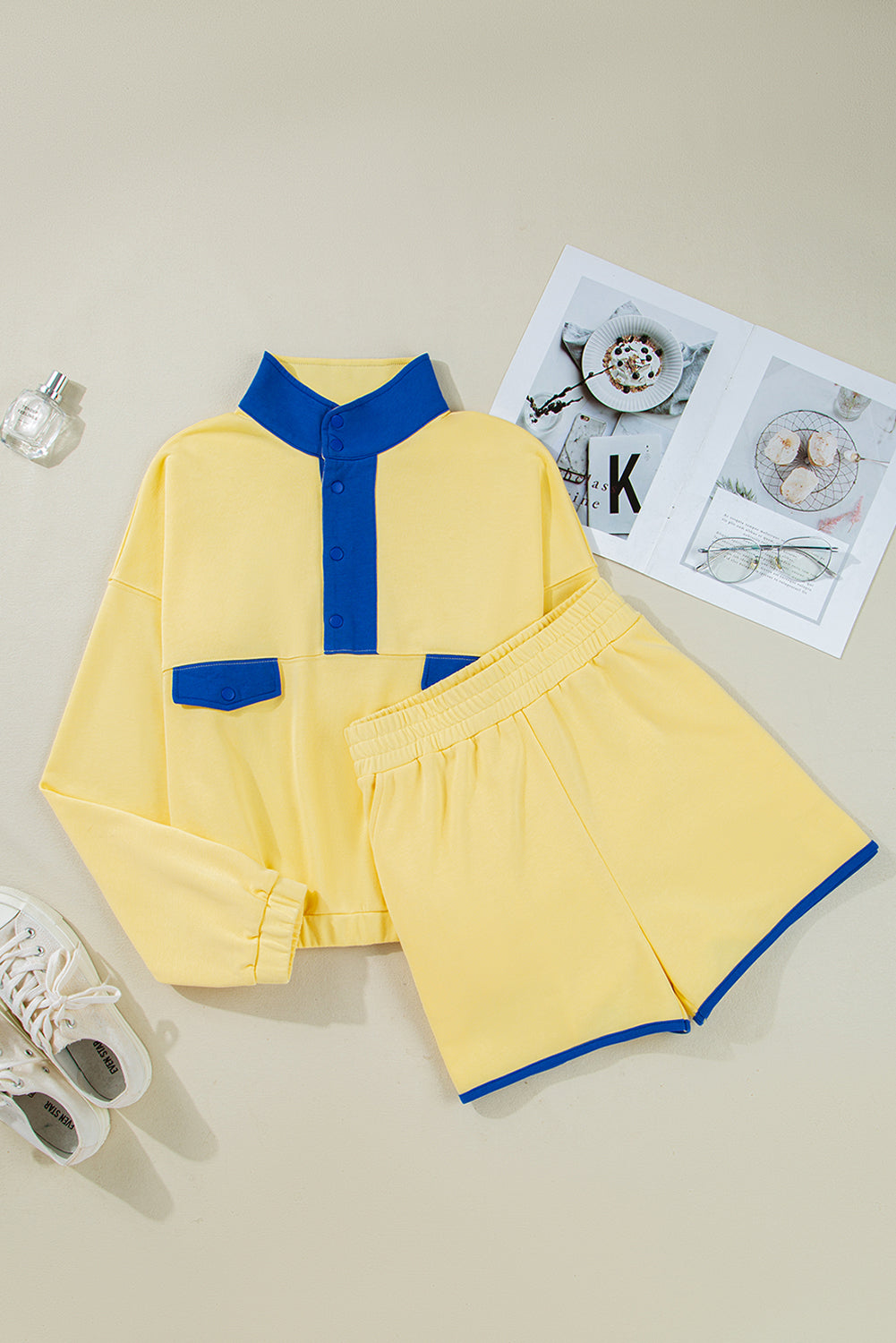 Yellow Color Block Patchwork Half Button Pullover and Shorts 2pcs Outfit Short Sets JT's Designer Fashion