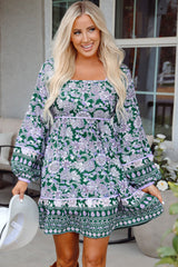 Green Floral Print Piping Trim Bubble Sleeve Square Neck Dress Green 100%Polyester Floral Dresses JT's Designer Fashion