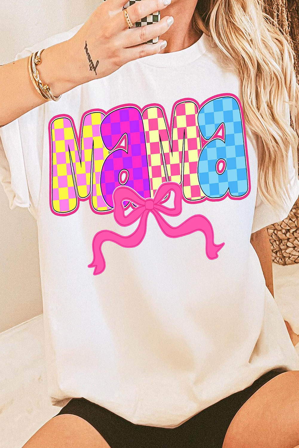 White MAMA Checkered Bow Knot Print Crewneck T Shirt Graphic Tees JT's Designer Fashion