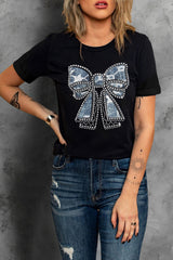Black Rhinestone Bowknot Graphic Crewneck T Shirt Graphic Tees JT's Designer Fashion