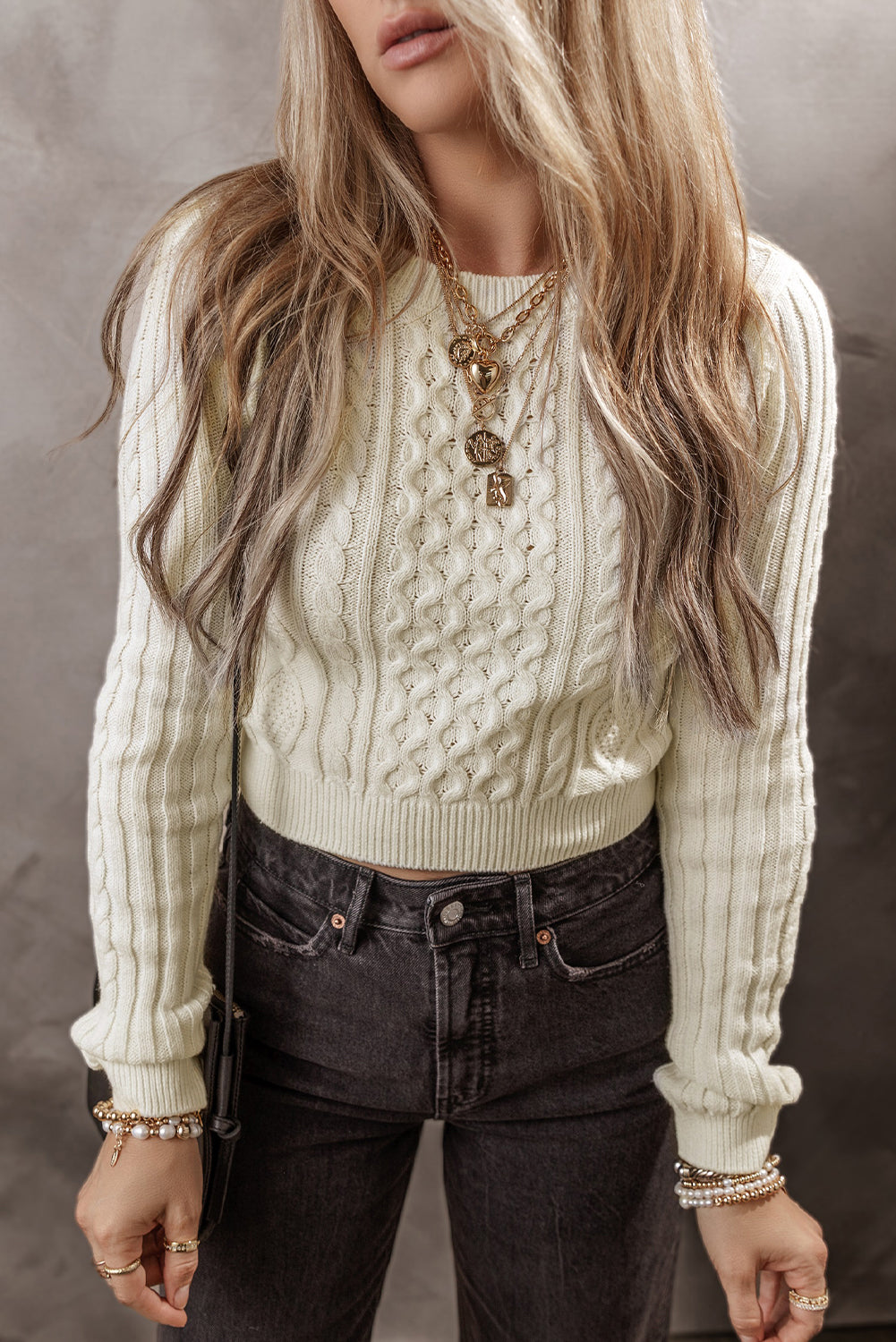 White Cable Knit Cropped Sweater White 60%Cotton+40%Acrylic Sweaters JT's Designer Fashion