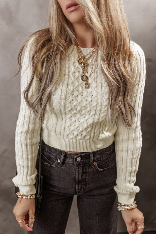 White Cable Knit Cropped Sweater White 60%Cotton+40%Acrylic Sweaters JT's Designer Fashion