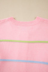 Pink Rainbow Stripes Drop Shoulder Baggy Henley Sweater Sweaters JT's Designer Fashion