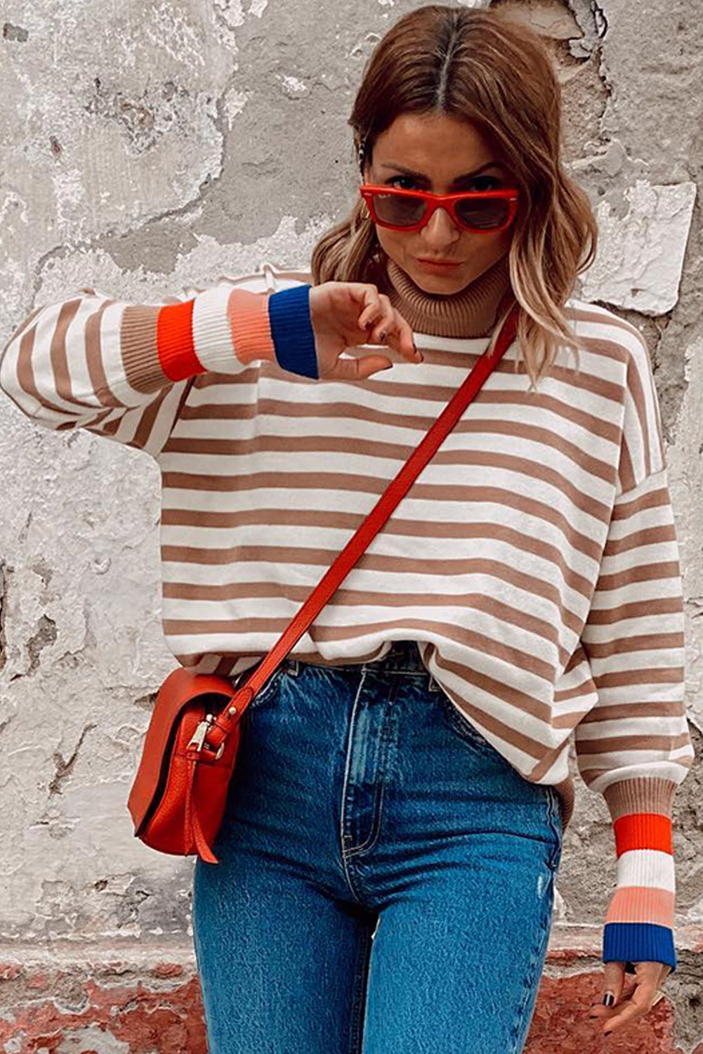 Brown Stripe Colorblock Bishop Sleeve Turtleneck Sweater Sweaters JT's Designer Fashion