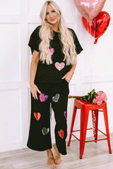 Black Sequin Heart Popping Graphic Textured 2pcs Outfit Graphic Sets JT's Designer Fashion