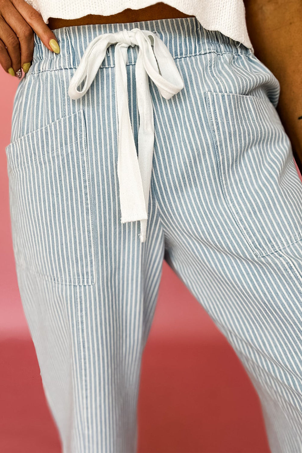 Sky Blue Stripe Mid Rise Drawstring Waist Jeans Jeans JT's Designer Fashion