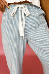 Sky Blue Stripe Mid Rise Drawstring Waist Jeans Jeans JT's Designer Fashion
