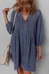 Sail Blue 3/4 Sleeve Tied V Neck Pleated Denim Mini Dress JT's Designer Fashion