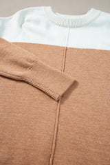 Straw Yellow Colorblock Ribbed Trim Round Neck Sweater Sweaters JT's Designer Fashion