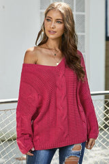 Rose Bubblegum V-Neck Braided Knit Sweater Sweaters & Cardigans JT's Designer Fashion