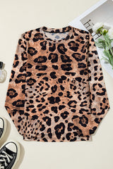 Brown Leopard Round Neck Long Sleeve Slim Top Long Sleeve Tops JT's Designer Fashion
