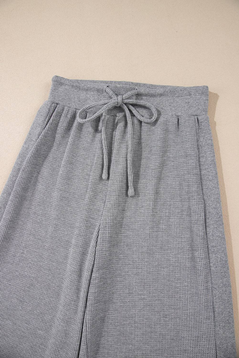 Gray Waffle Knit Drawstring High Waist Wide Leg Pants Pants & Culotte JT's Designer Fashion
