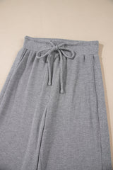 Gray Waffle Knit Drawstring High Waist Wide Leg Pants Pants & Culotte JT's Designer Fashion