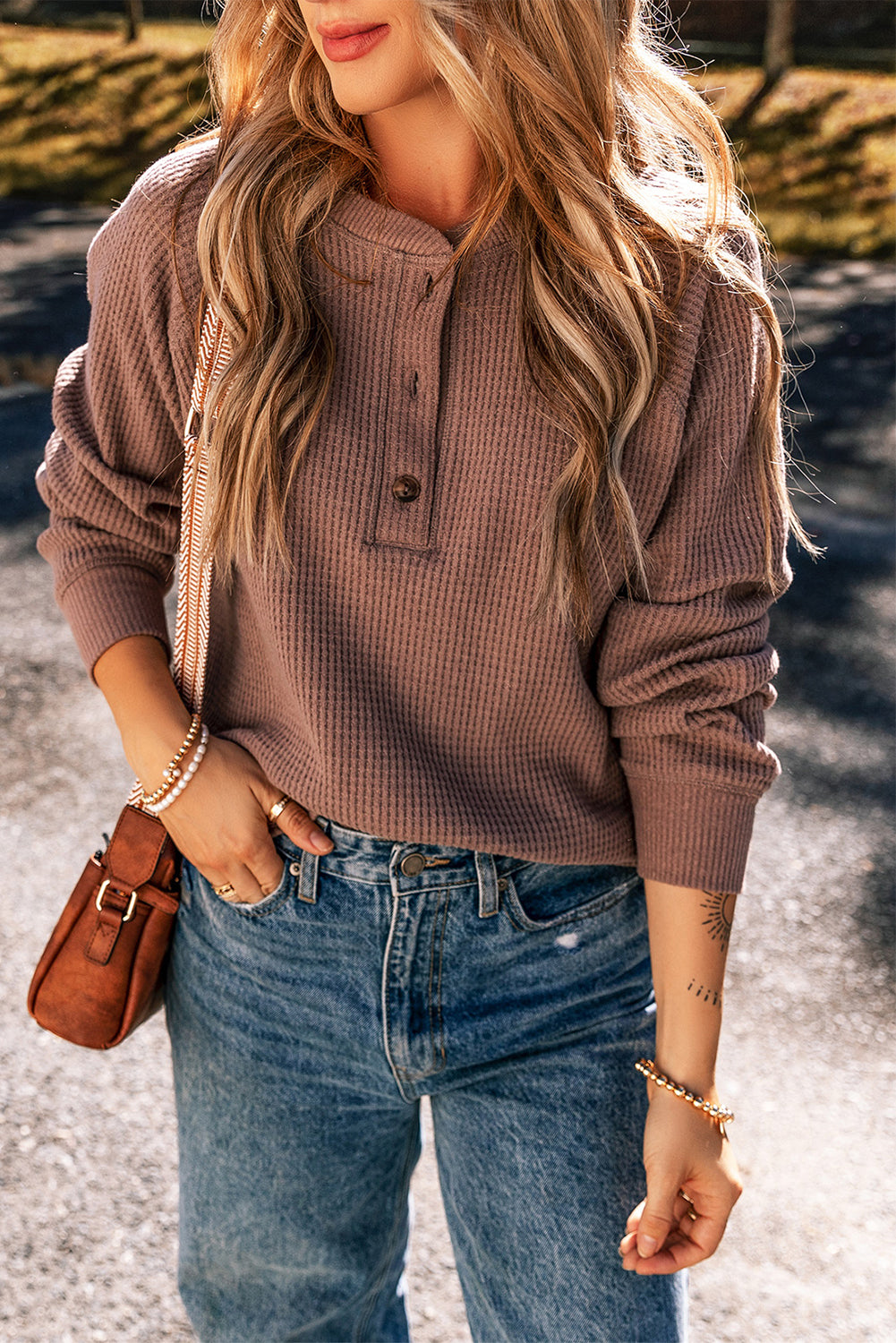 Chestnut Textured Knit Henley Long Sleeve Top Long Sleeve Tops JT's Designer Fashion