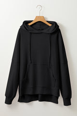 Black Waffle Knit Fleece Lined High Low Oversized Hoodie Sweatshirts & Hoodies JT's Designer Fashion
