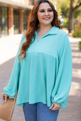 Turquoise Cordrd Balloon Sleeve Collar Plus Babydoll Top Plus Size Long Sleeve Tops JT's Designer Fashion
