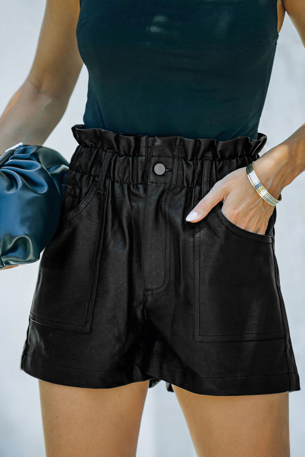 Black Faux Leather Paper Bag Waist High Rise Shorts Black 60%Pu+40%Polyester Casual Shorts JT's Designer Fashion