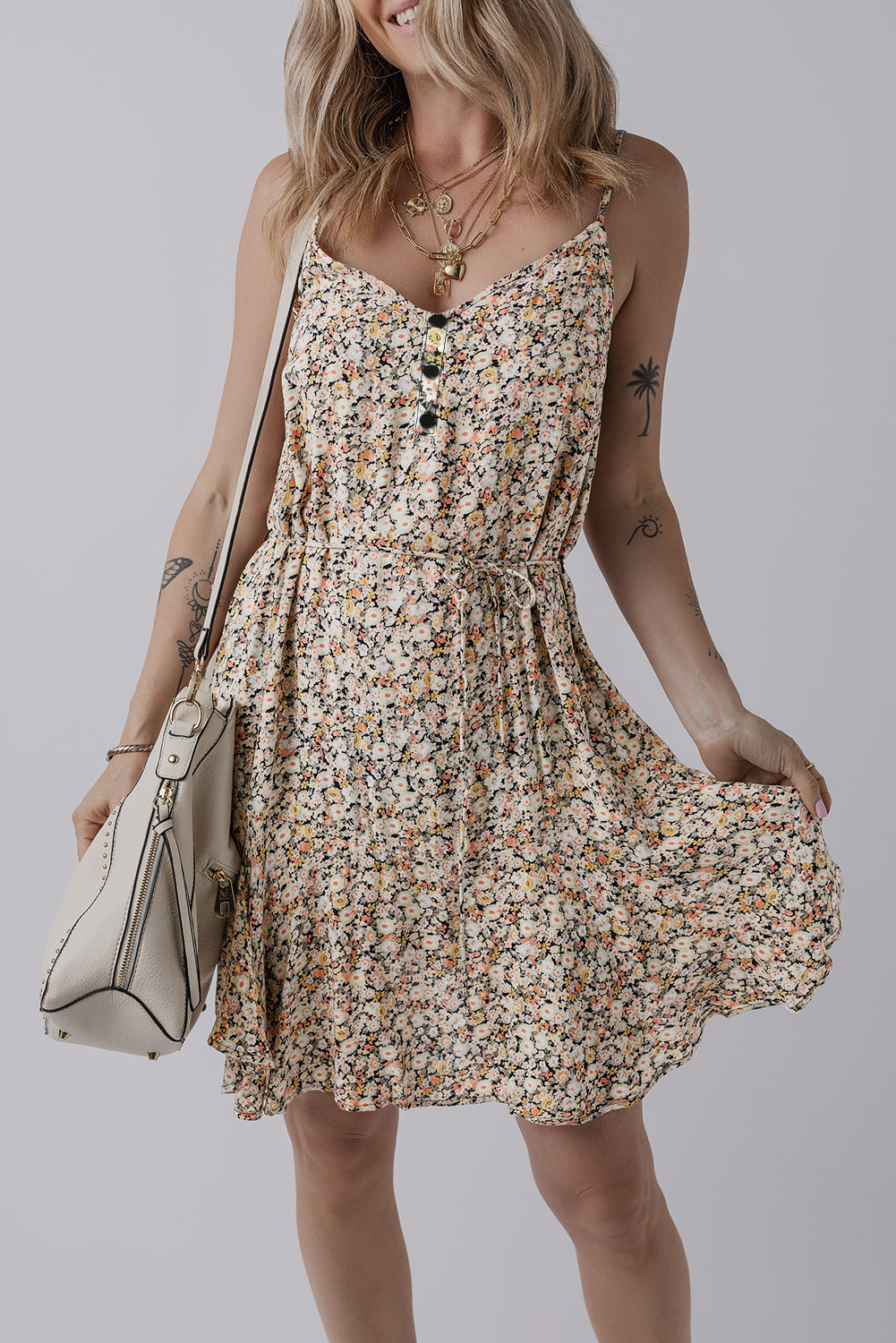 Khaki Boho Floral Printed Tie Waist Flared Sundress Khaki 100%Viscose Floral Dresses JT's Designer Fashion
