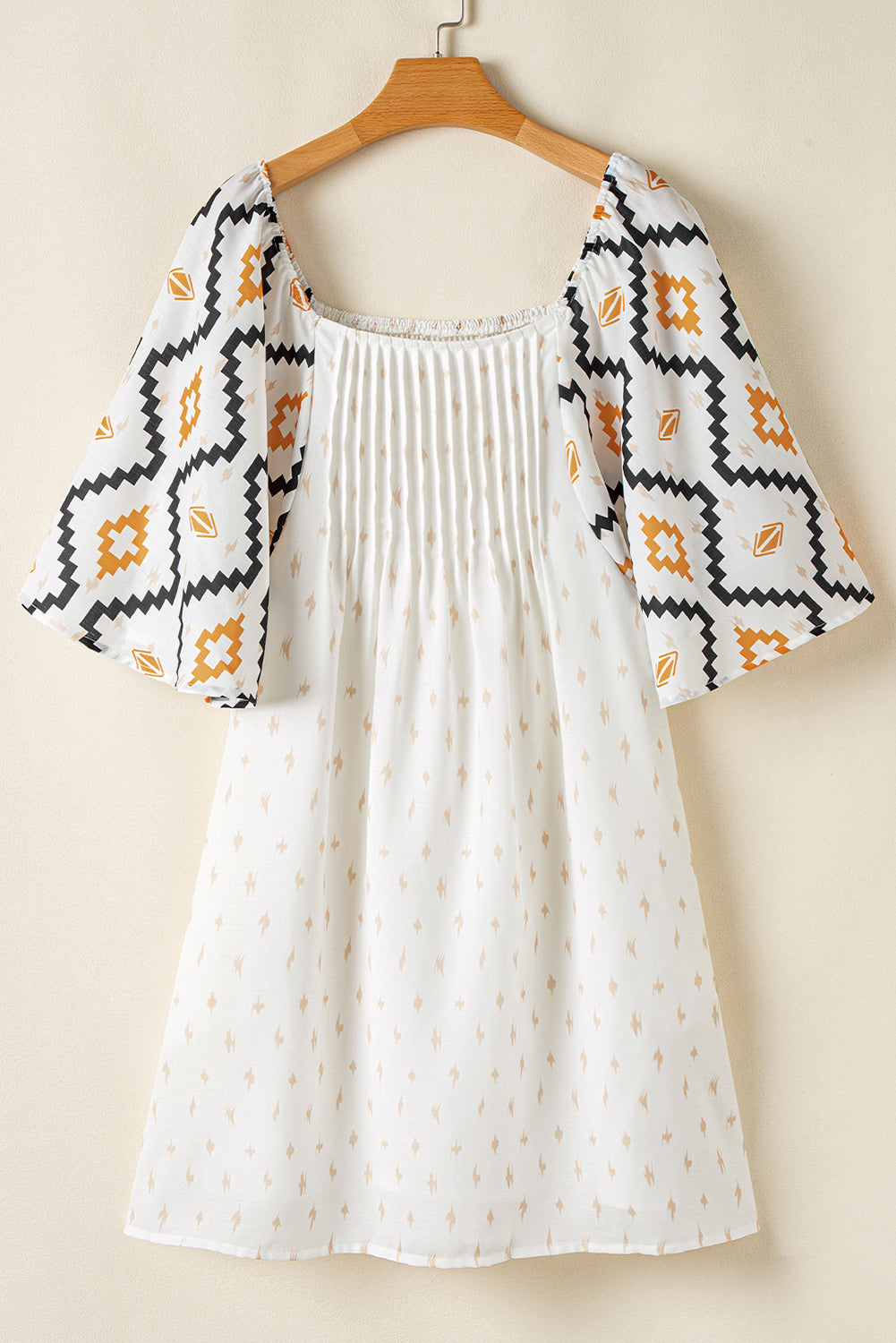 Beige Western Aztec Print Pleated Square Neck Loose Mini Dress Mini Dresses JT's Designer Fashion