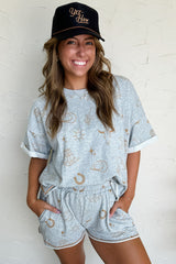 Gray Western Fashion Printed T Shirt Elastic Waist Shorts Set Short Sets JT's Designer Fashion