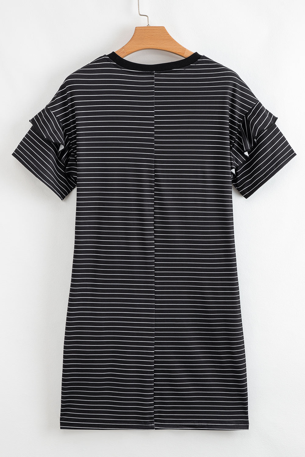 Black Stripe Ruffled Short Sleeve Crew Neck T Shirt Shift Mini Dress T Shirt Dresses JT's Designer Fashion