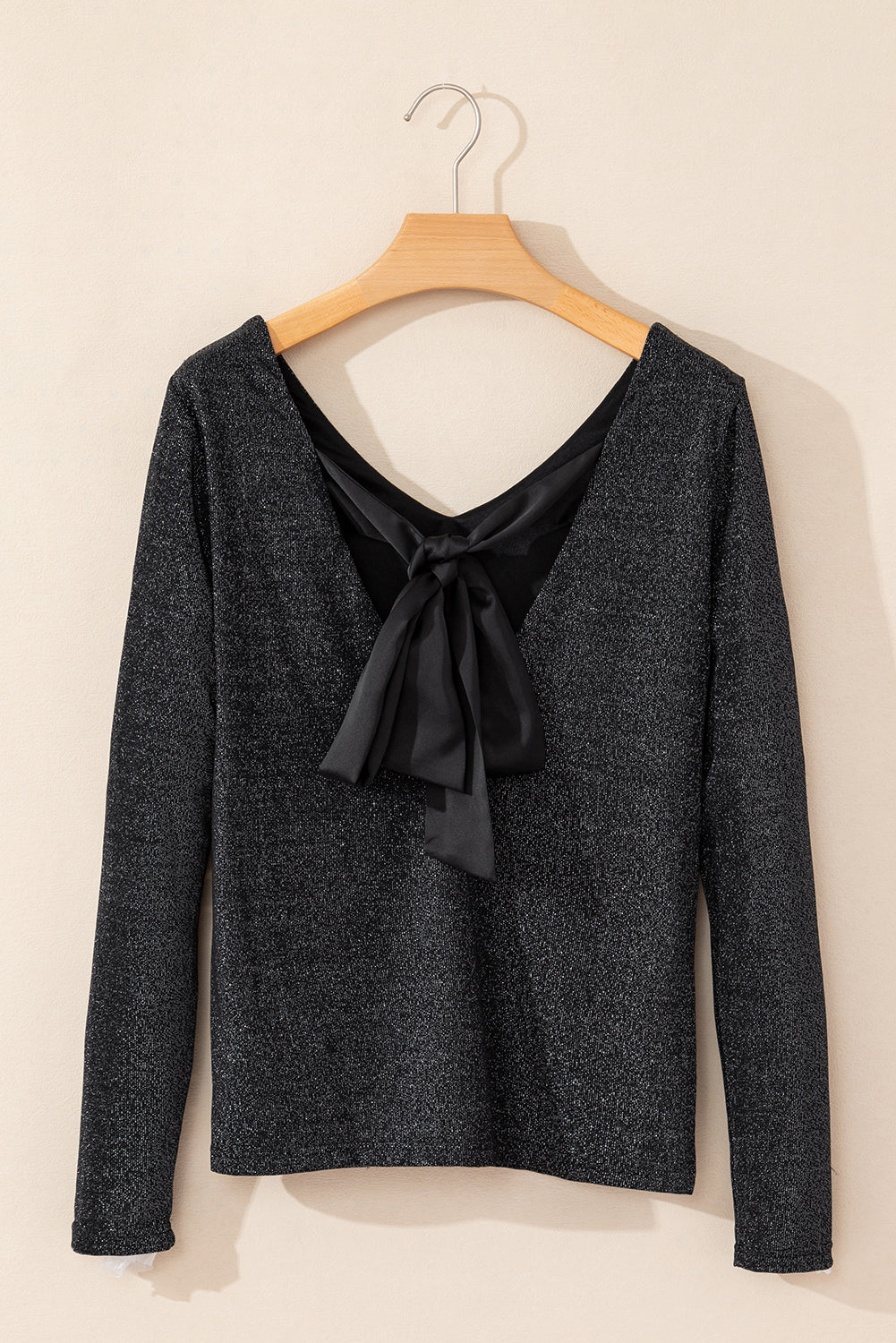 Black Metallic Bowknot Open Back V Neck Top Long Sleeve Tops JT's Designer Fashion
