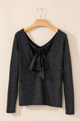 Black Metallic Bowknot Open Back V Neck Top Long Sleeve Tops JT's Designer Fashion