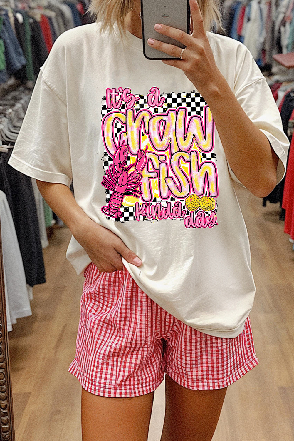 White Crawfish Checkered Pattern Graphic Tee Graphic Tees JT's Designer Fashion