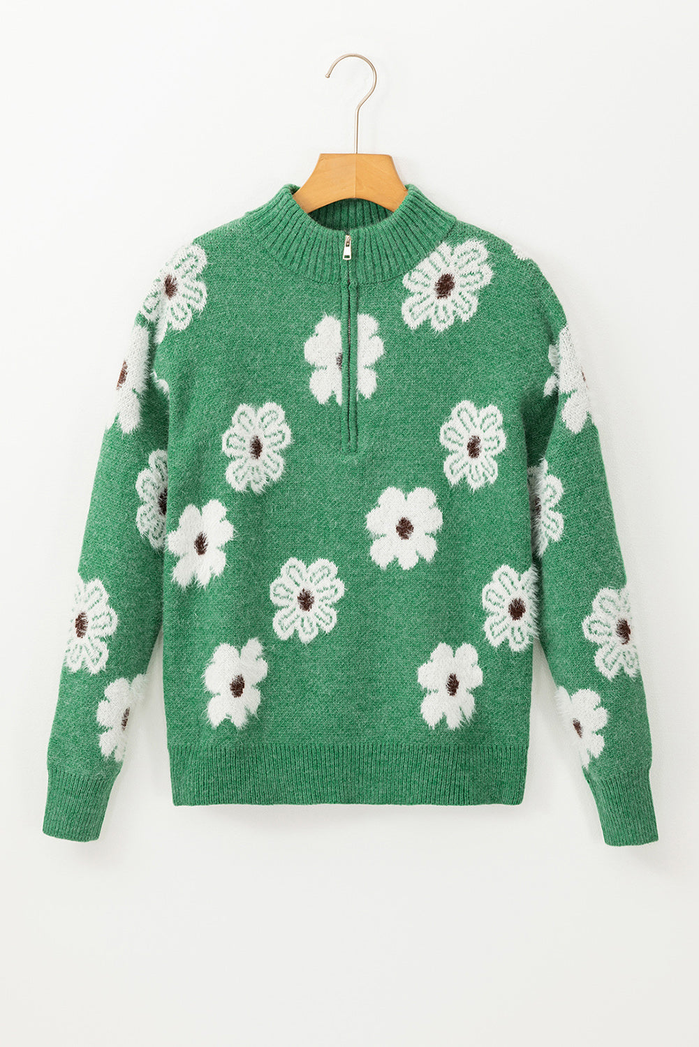 Green Floral Pattern Half Zip Drop Shoulder Sweater Sweaters JT's Designer Fashion