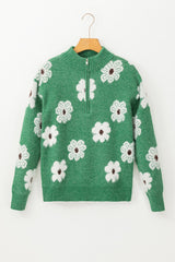 Green Floral Pattern Half Zip Drop Shoulder Sweater Sweaters JT's Designer Fashion
