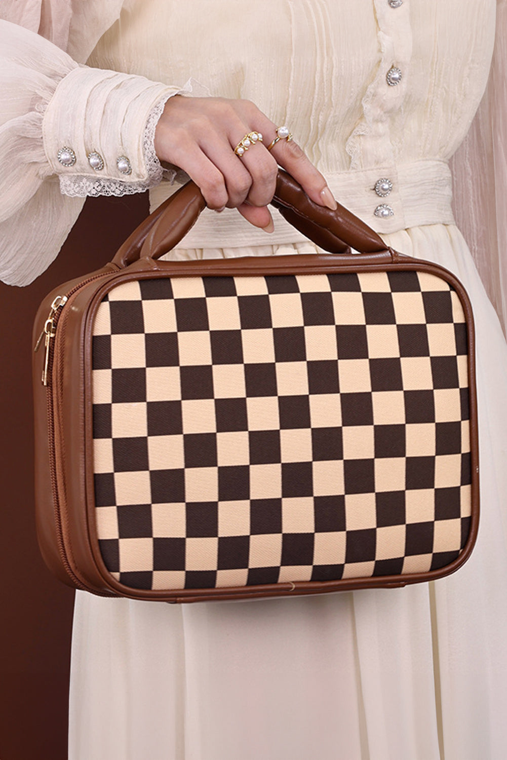 Black Checkered Multiple Compartments PU Leather Cosmetic Bag Makeup Bags JT's Designer Fashion