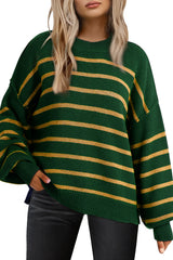 Green Stripe Ribbed Drop Shoulder Baggy Sweater Sweaters JT's Designer Fashion