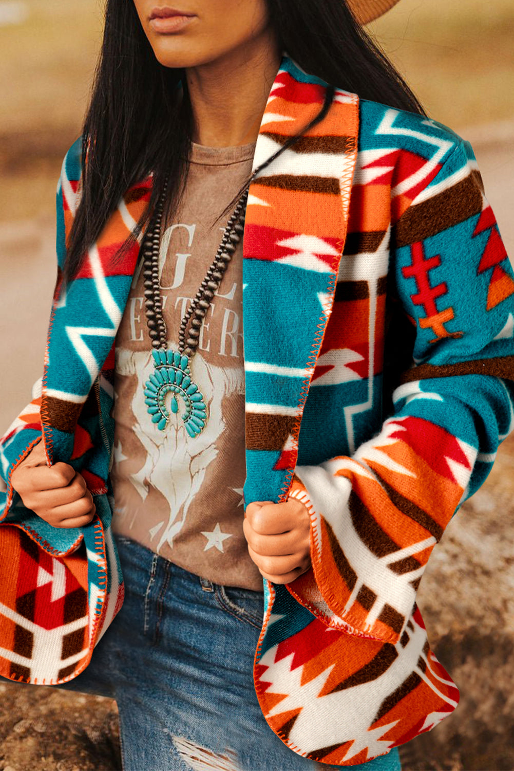 Sky Blue Aztec Printed Lapel Bell Sleeve Jacket Sky Blue 100%Polyester Jackets JT's Designer Fashion