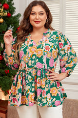 Green Floral Tied V Neck Long Sleeve Plus Size Babydoll Top Plus Size Blouses & Shirts JT's Designer Fashion
