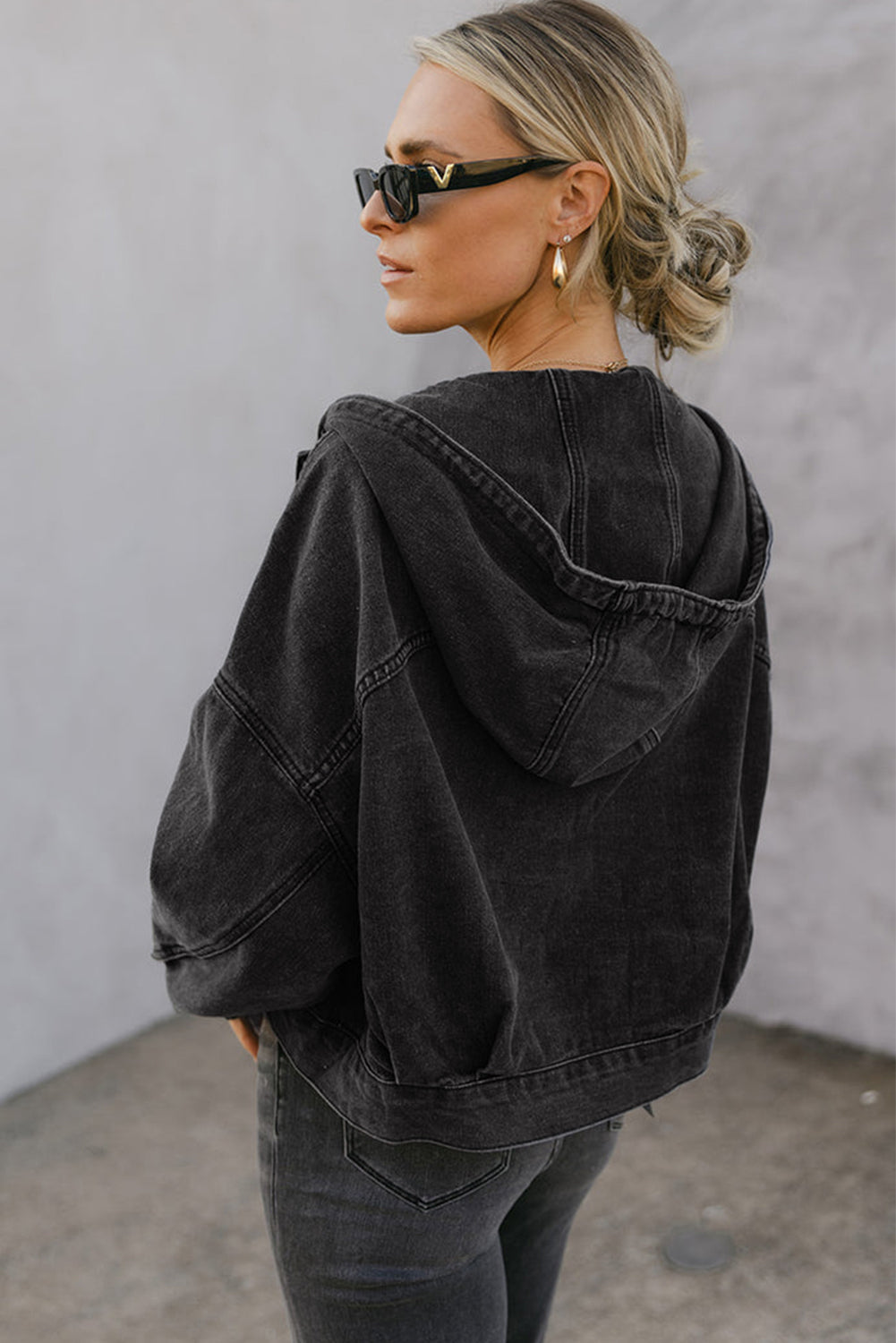 Black Big Chest Pocket Drop Shoulder Hooded Denim Jacket Denim Jackets JT's Designer Fashion