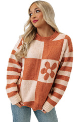 Brown Checkered Floral Print Striped Sleeve Sweater Sweaters JT's Designer Fashion