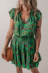 Green Floral Tie Split Neck Frilly Ruffle Trim Tiered Short Dress Floral Dresses JT's Designer Fashion